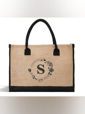 Monogram S Natural Jute Tote with Black Trim Women's Floral Embroidered Tote Bag